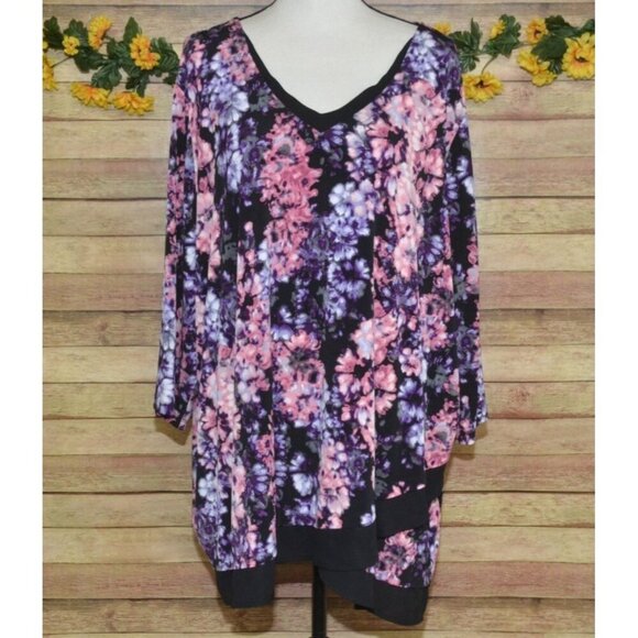 Catherines Watercolor Floral Blouse Size 3X 26W V-Neck 3/4 Sleeve Stretch Office - Picture 1 of 9